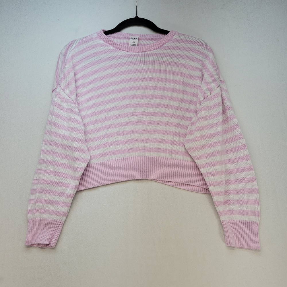 PINK Victoria's Secret Sweater Womens Large Pink Striped Cropped Ribbed Knit